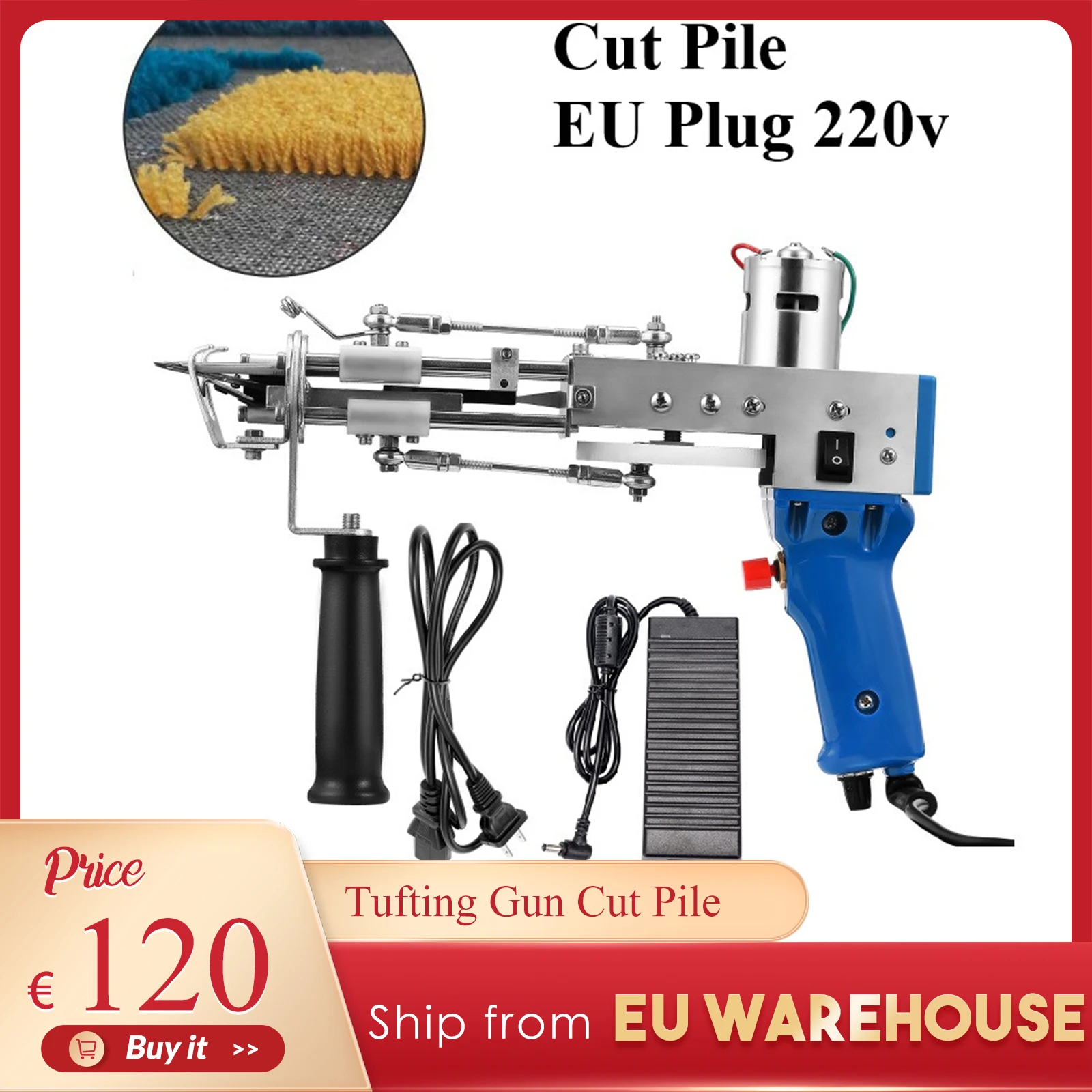 Enlarge Electric Carpet Tufting Gun Adjustable 7-21mm Carpet Tufting Gun Flocking Machine for High Speed Weaving Cut Pile TD-01 EU Plug