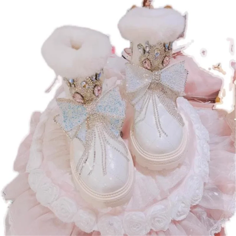 

Новинка зимние сапоги с бахромой и бриллиантовым бантом женские сетчатые красные сапоги на толстой подошве среднего каблука с кашемиром теплые короткие сапоги из хлопка