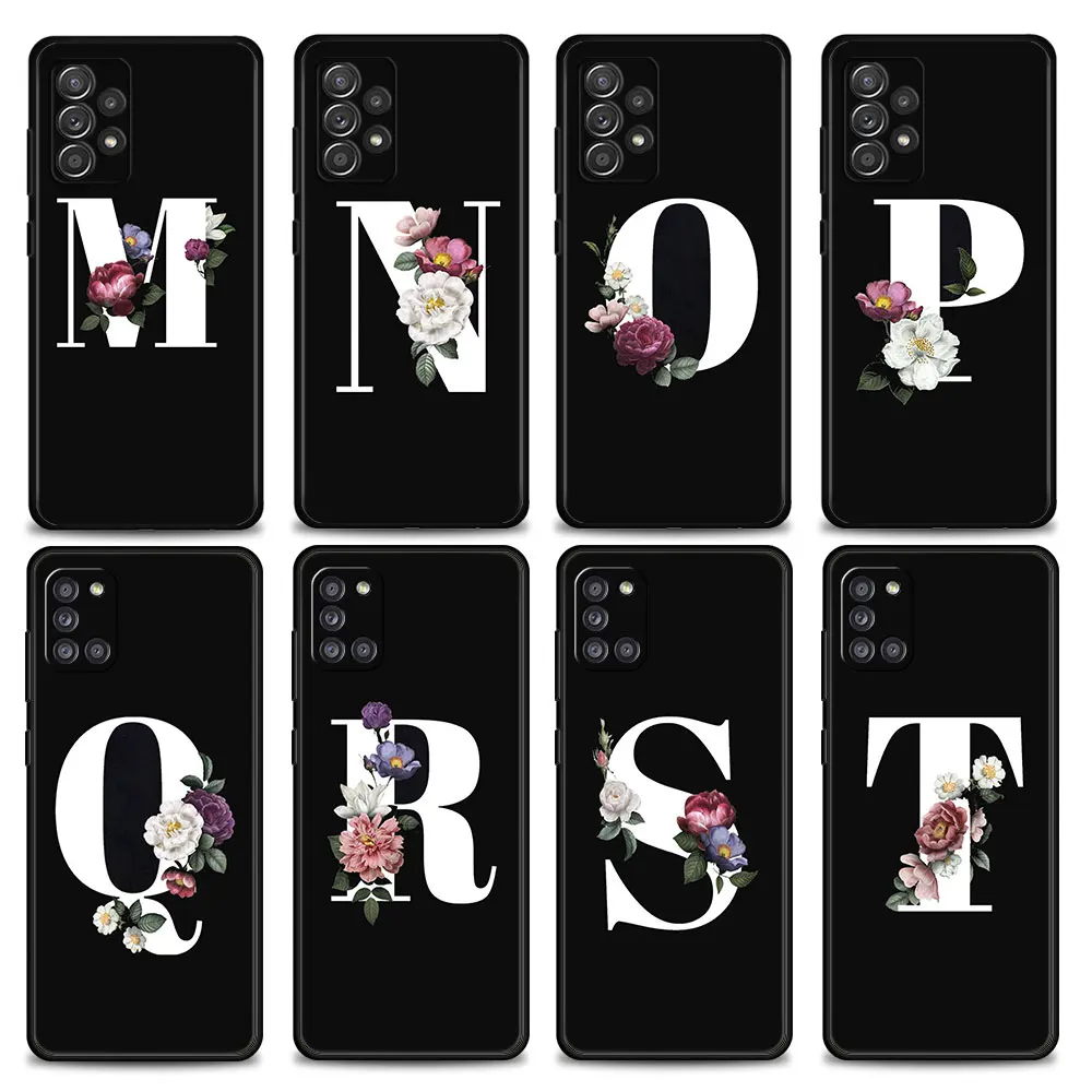 

Phone Bumper For Samsung Galaxy A12 A52 A51 A71 A32 A21s A02s A31 A72 Case Funda Coque Fashion White and Black Flower Initials