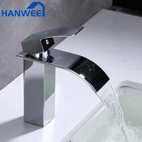 hanwee bathroom basin faucet waterfall deck mounted cold and hot water mixer tap brass chrome vanity vessel sink crane