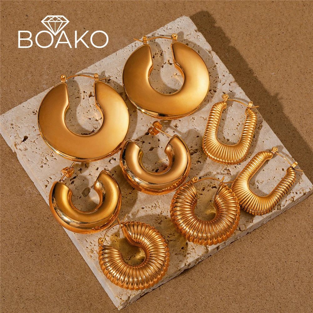 

BOAKO 316L Stainless Steel Hoop Earring Vintage Hyperbole Geometric 18K Gold Plated Waterproof Earrings Daily Jewerly Gift