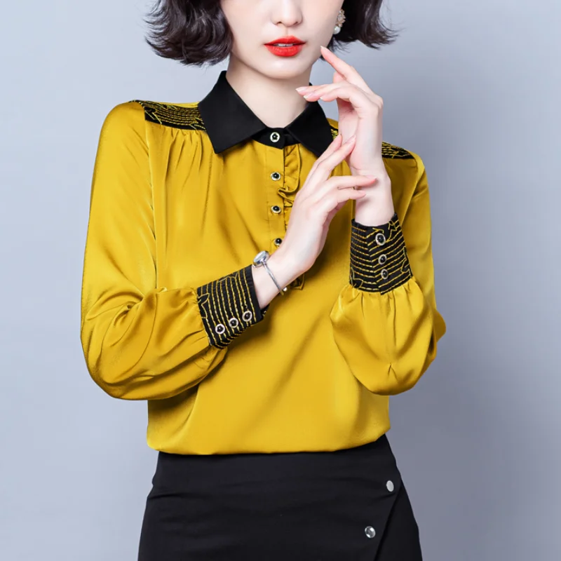 

Embroidered Women Shirts Blouses Peter Pan Collar Ruffle Long Sleeve Blouse Women Button Silk Ladies Tops 2022 Clothes for Women