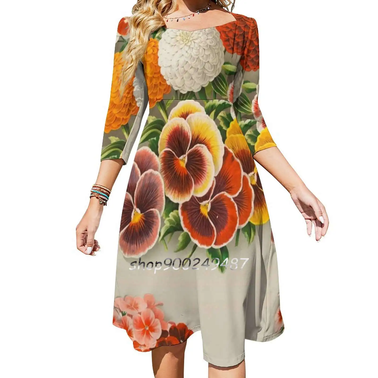 Pansies & Marigolds Sweet Elegant Dress Women Korean Kawaii Square Collar Dress