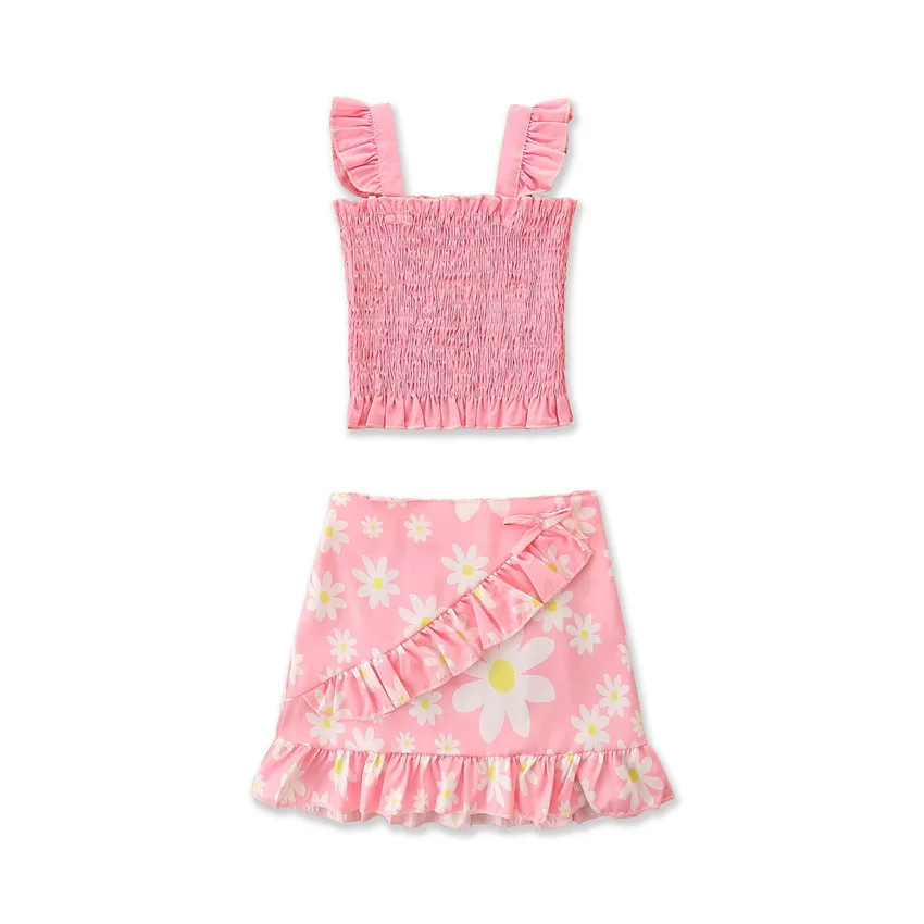 

Summer Girl Set Solid Color Cotton Vest + Pink Ruffles Skirt 2pcs Children Clothes