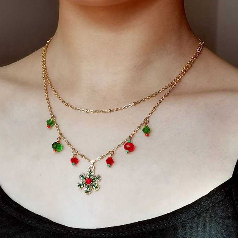 

Новинка 2022, Европейский и американский стиль, Рождественский кулон в виде снежинки, ожерелье с двойной цепочкой, рождественский подарок