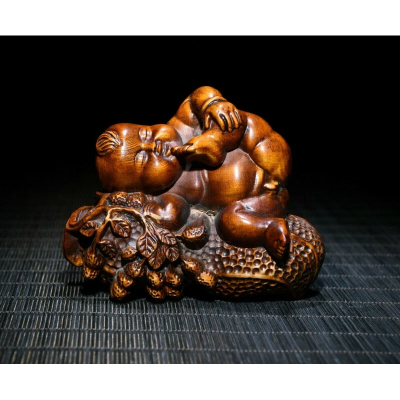Chinese Natural Boxwood Handmade Exquisite Peanut and Sea Urchin Statue