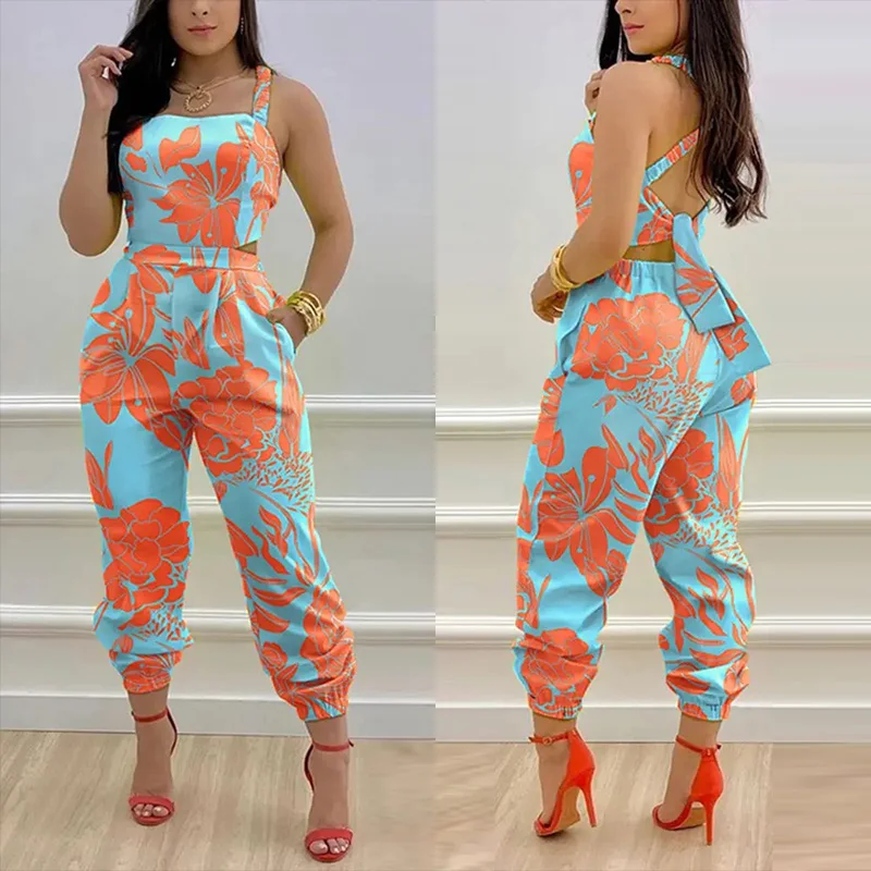 Europe America Women's Butterfly Tie Back Jumpsuit Summer New Casual Print High Waist Loose Playsuits Sexy Sleeveless Strap Set