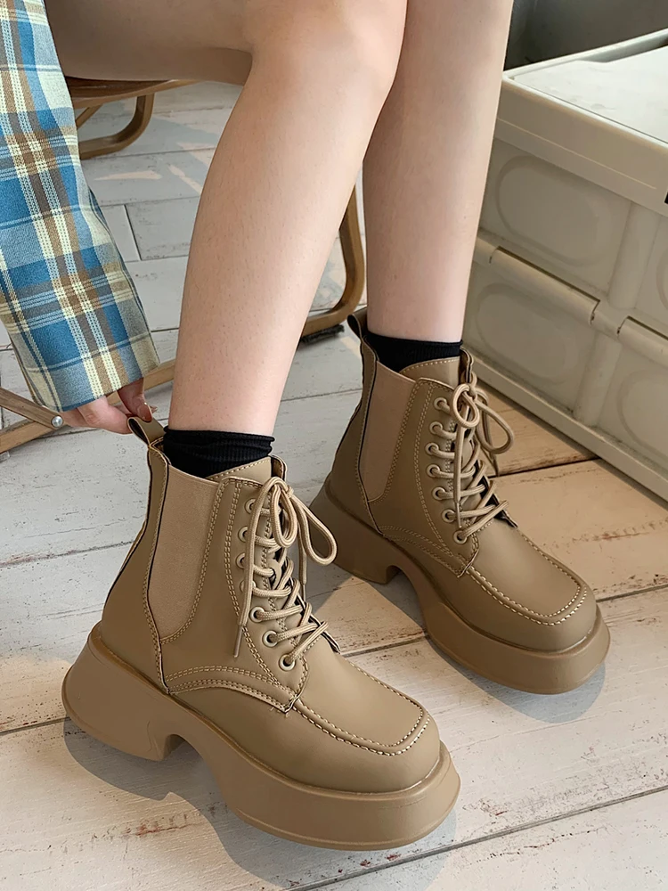 

Женские ботинки на шнуровке, роскошные дизайнерские ботинки с круглым носком, прорезиненные ботильоны на среднем каблуке, осень 2022