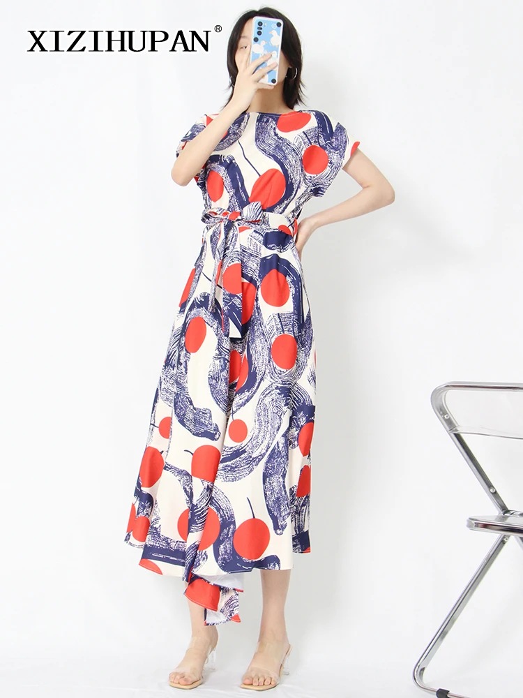 

XIZIHUPAN Casual Print Colorblock Dress For Women Round Neck Short Sleeve High Waist Loose Midi Dresses Female Summer Clothing