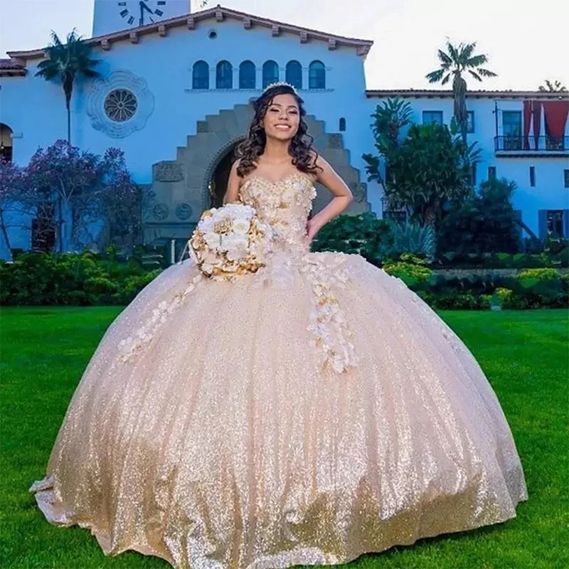 

2022 Princess Blingbling Quinceanera Dress Strapless Sweetheart Beading With Sequin Applique Ball Gown Luxurious Robe De Soirée