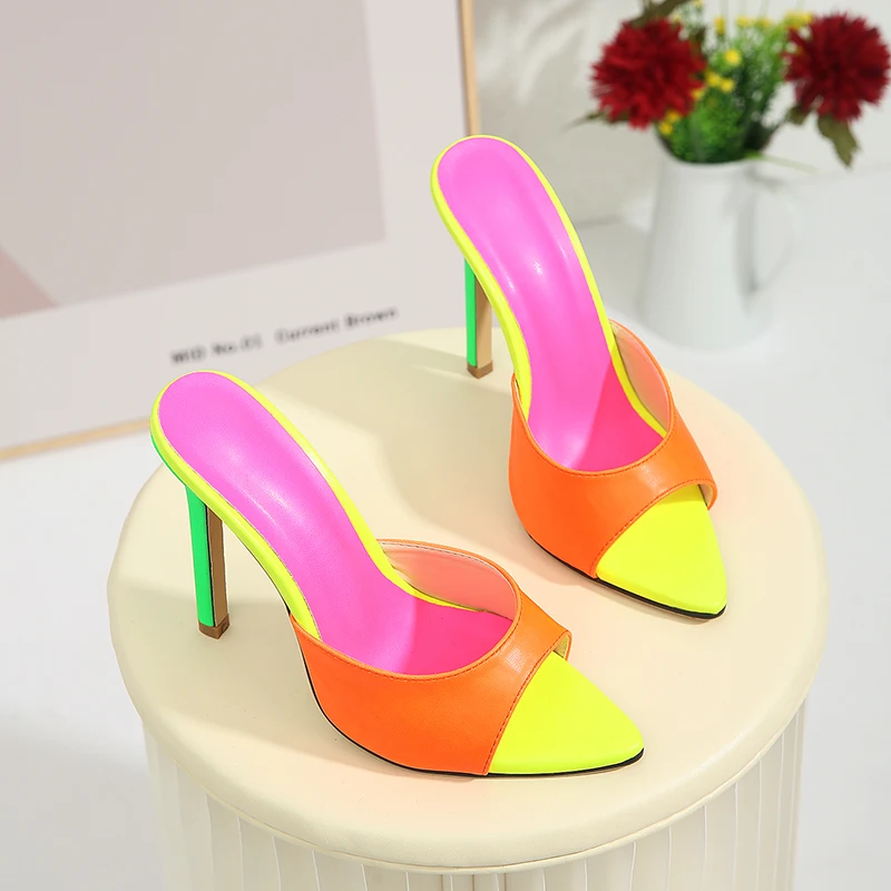 Summer Peep Toe Mixed Colors Pointed Stiletto High Heels Women's Slippers Slip On Slides Outdoor Simple Ladies Mules Shoes Pumps
