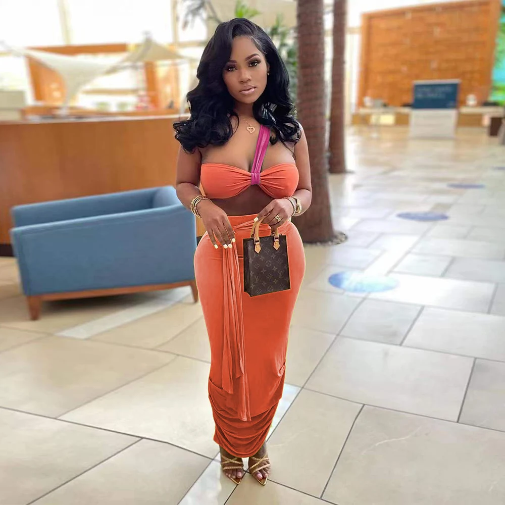 

Summer Two Piece Sets Women's Outfits Beach Club Wear Clothing One Shoulder Asymmetrical Crop Top Tie Up Bodycon Maxi Skirt Y2k