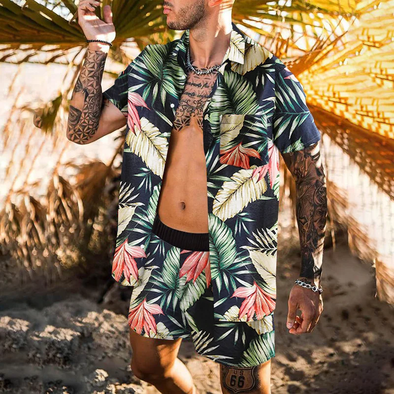 

Men's Tracksuit Casual Summer Beach Short Sleeve Shirt and shorts Suit Vacation Hawaiian two-Piece Set Male Clothing Streetwear