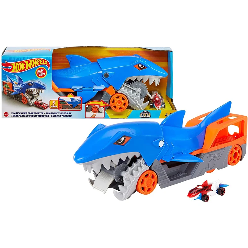 

Игрушечный Набор Hot Wheels Shark Chomp Transporter с одной шкалой 1:64 автомобильные магазины пять автомобилей в животе игрушка для мальчиков подарок на день рождения GVG36