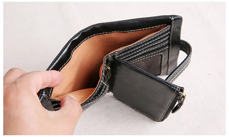 Genuine leather large capacity men women's tri-fold small wallet simple casual real cowhide credit card holder black coin purse