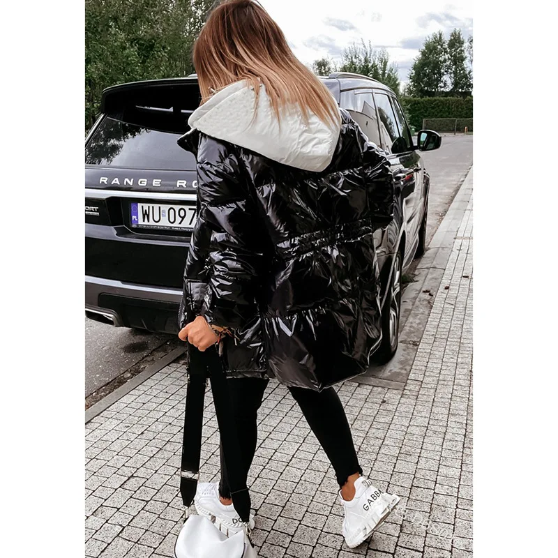 Winter New Women's Bright Hooded Color Contrast Cotton Coat Top