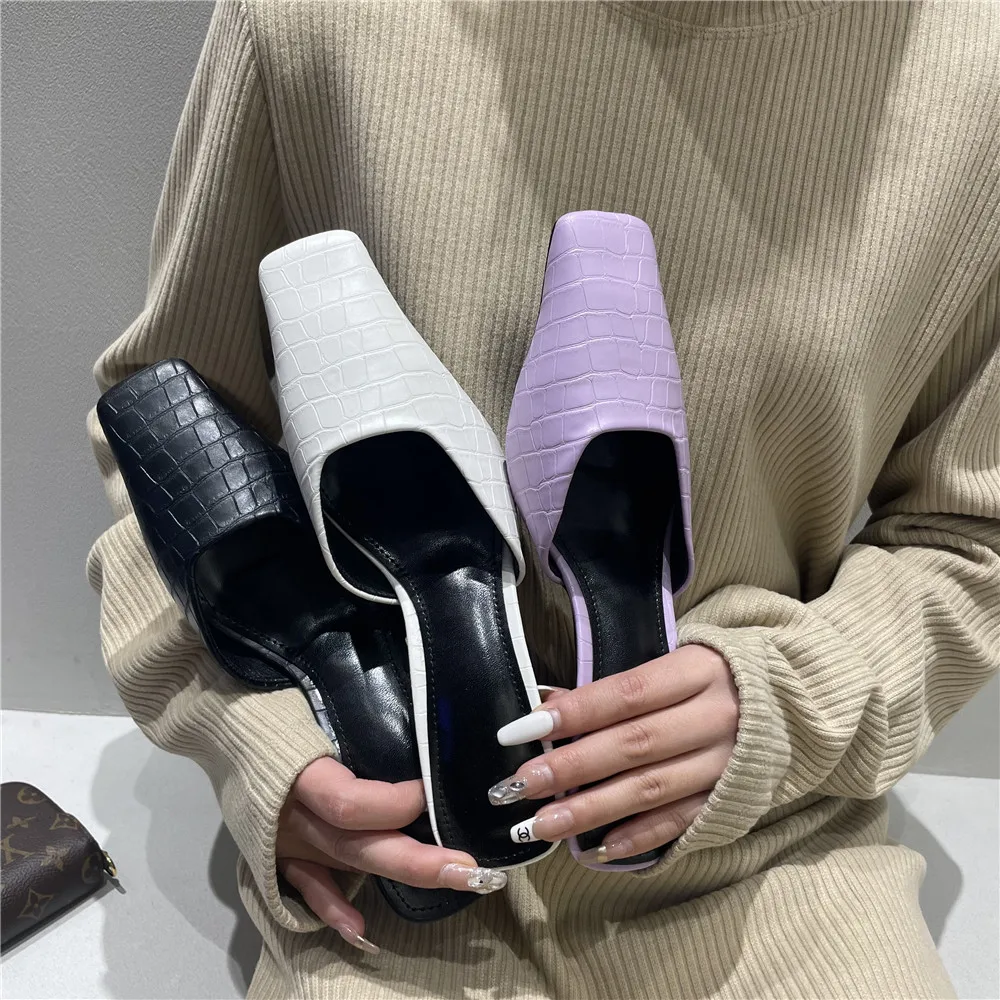 

Женские шлепанцы на высоком каблуке, сандалии без задника, квадратный носок, модные туфли, цвет белый/зеленый/фиолетовый, летняя модель 39