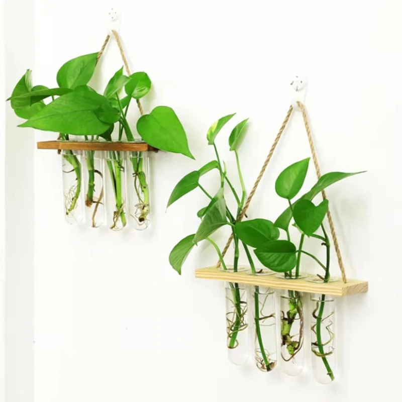 

Test Tubes Glass Planter Wall Hanging Terrarium Container Flower Bud Vase with Wooden Holder for Propagation Hydroponic Plant