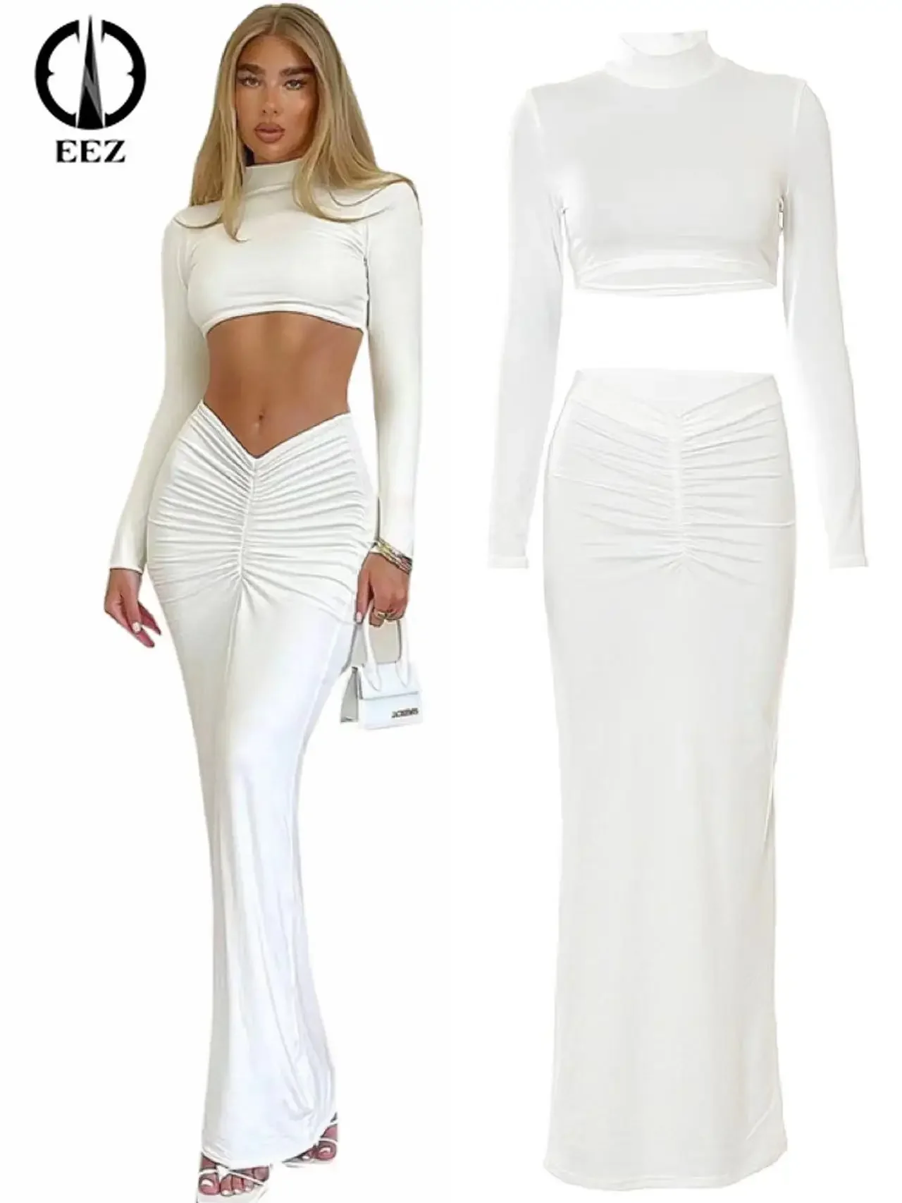 

Женский пикантный комплект из 2 предметов, элегантный белый укороченный Топ с длинным рукавом и длинная юбка, облегающая юбка с рюшами, уличная одежда