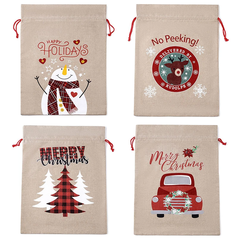 

1 шт., большая емкость, детские рождественские подарки, конфетница, изысканный льняной мешок для конфет с принтом Санта-Клауса