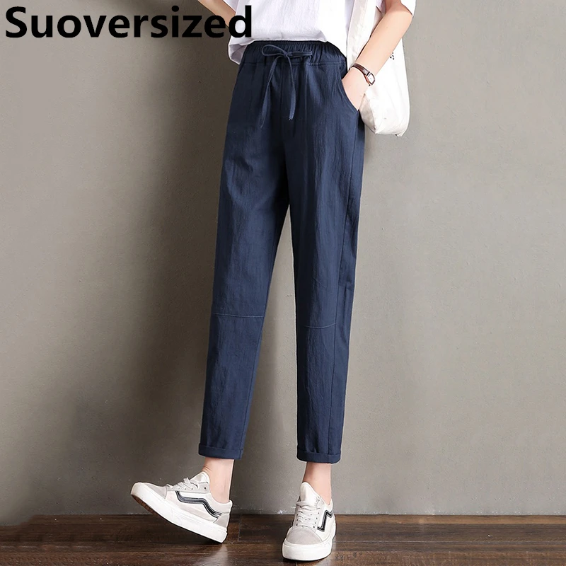

Брюки-султанки женские до щиколотки, хлопково-льняные Мешковатые повседневные модные прямые штаны в Корейском стиле, с эластичным поясом, на лето