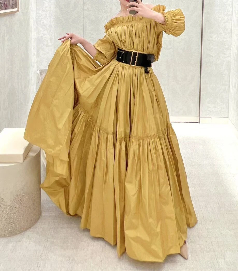

Hot Sale 2023 Early Spring Yellow Floral Printing Beige Wave Hem Vintage Mini Dresses with Belt Women