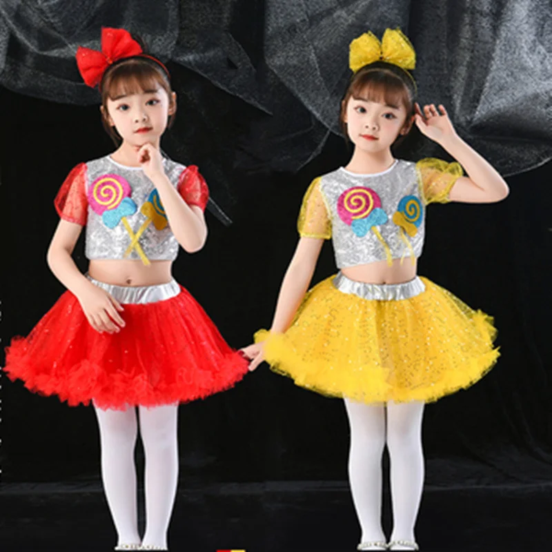 

June 1 Children's Day stage costumes Sequin children's Latin dance skirt Lollipop jazz dance gauze dress red Performance cloths