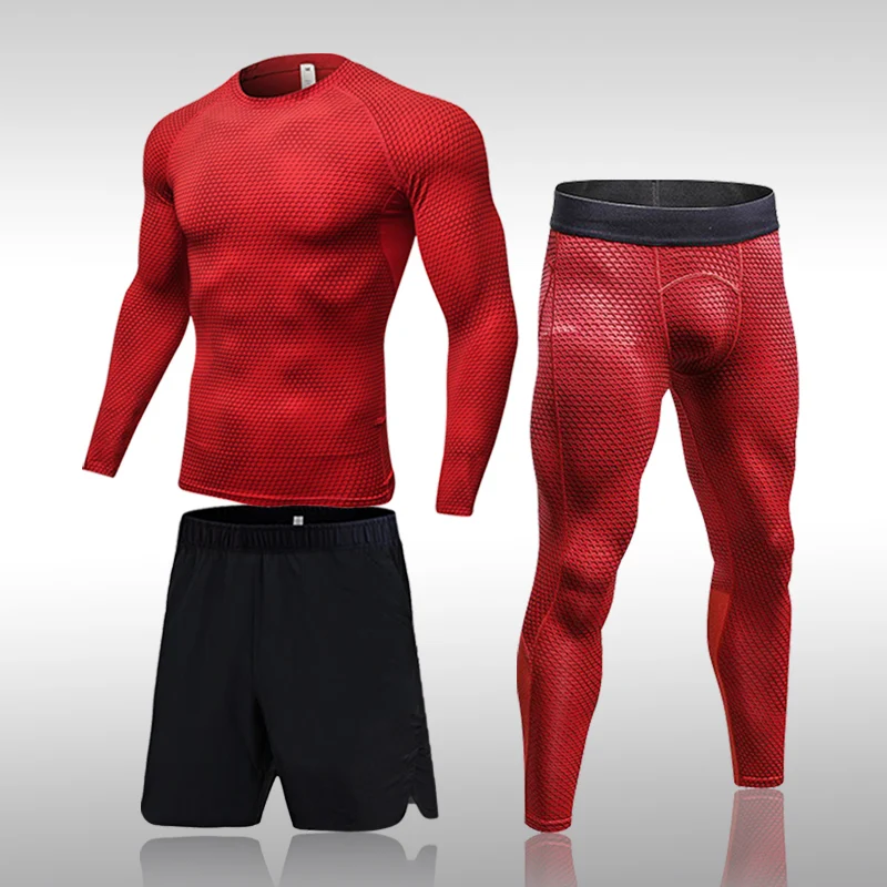 

Men's Sport Running Compression Set T-shirt + Pants Skin-tight Long Sleeves Fitness Rashguard MMA Gym Training Clothes 3-PCS
