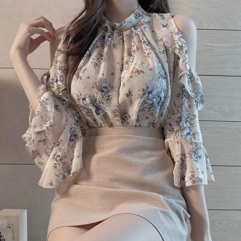

Spring Summer New Short Sleeve OL Chiffon Shirt Women Off-Shoulder Pullover Floral Loose Blouse Women Blusas Mujer 2023 New