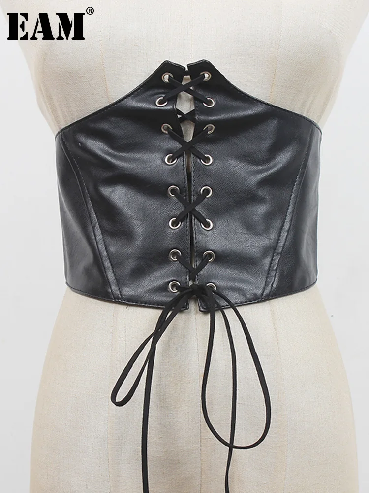 

[EAM] Pu Leather Irregular Black Wide Bandage Belt Personality Women New Fashion Tide All-match Spring Autumn 2022 1DE7625