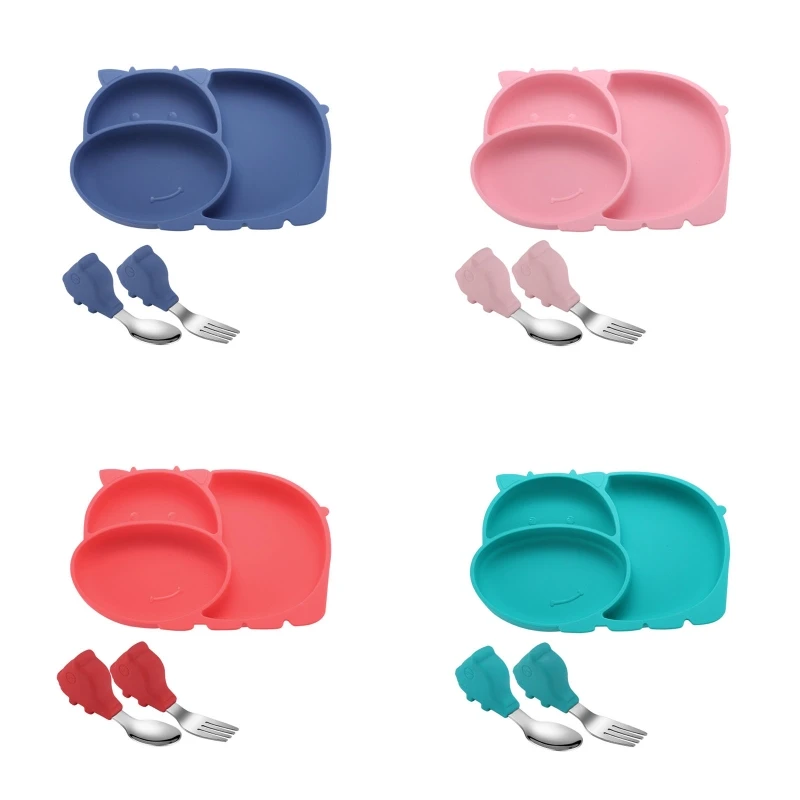 

3 Pcs Baby Training Silicone Divided Dinner Plate Suction Bowl Spoon Fork Set