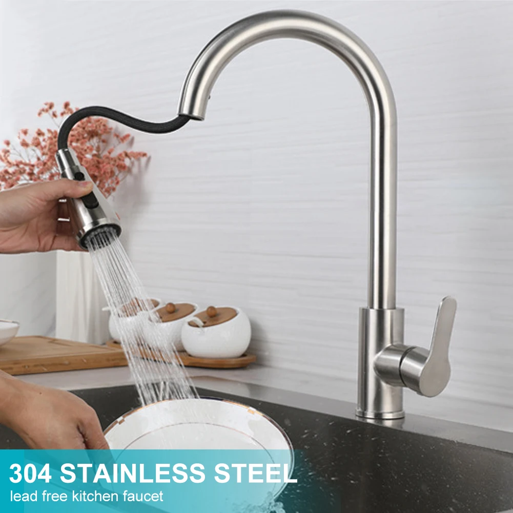 

Kitchen Faucet with Pull Down Sprayer 304 Stainless Steel Single Handle Pull Out Faucet Mixer Cold and Hot Water Deck Mounted