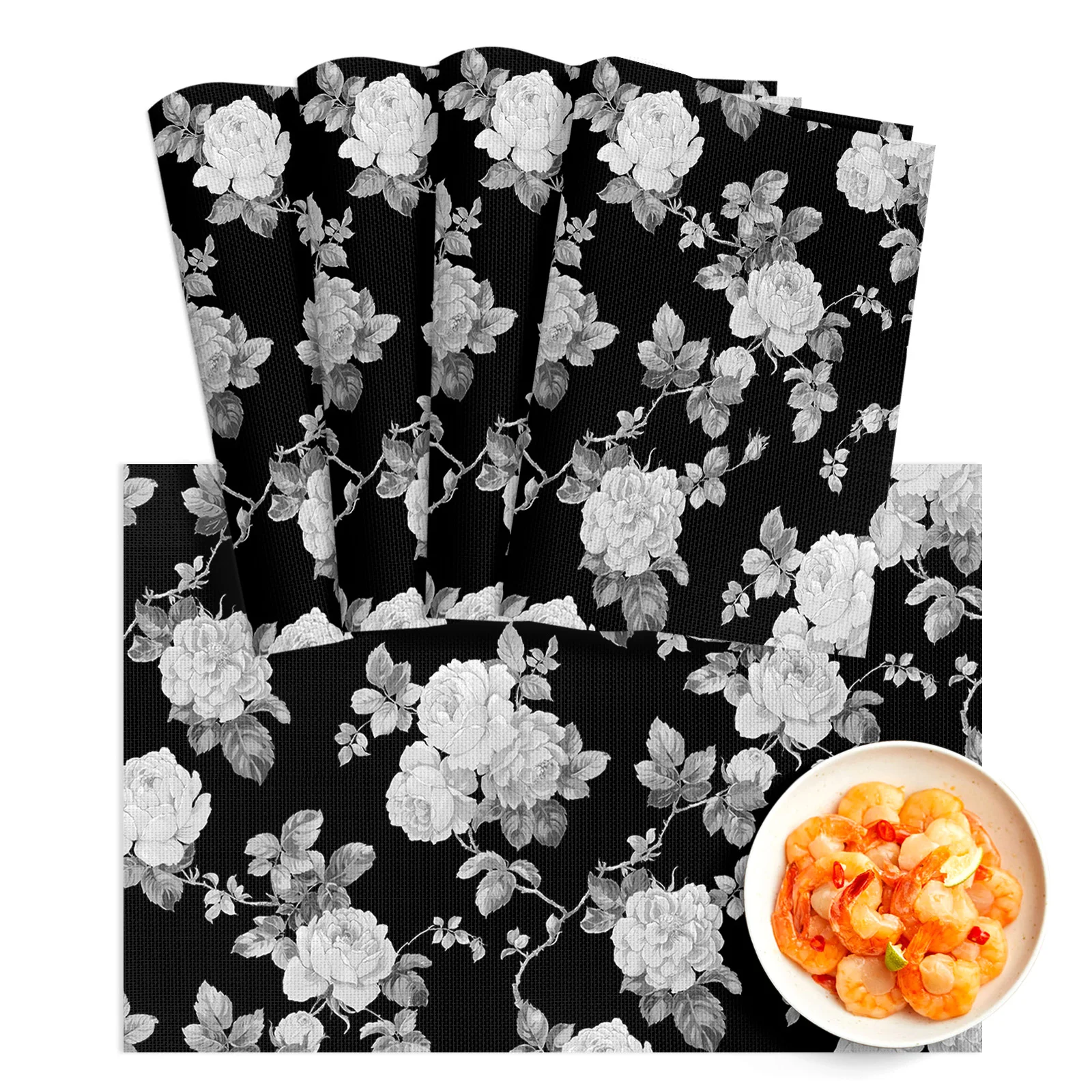 

4/6Pcs PVC Placemats Black And White Roses Watercolor Flowers Dining Disc Pads Bowl Coasters Plate Bar Kitchen Coffee Table Mat