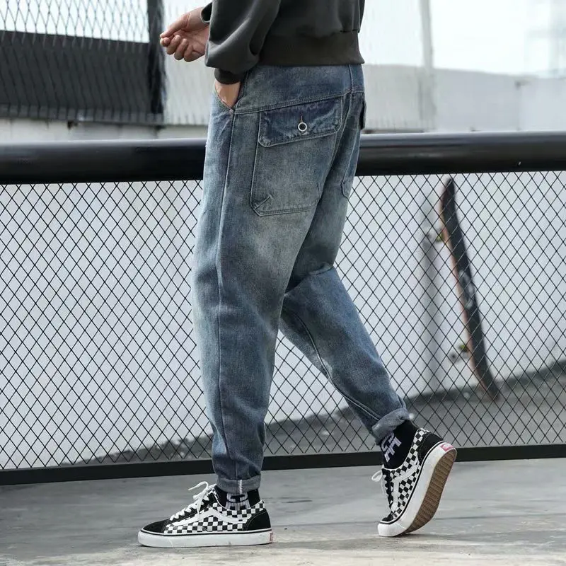 Retro Jeans Men's Loose Tide Brand Ins Straight Tooling Pants Trend All-match Harem Trousers Patchwork Jeans