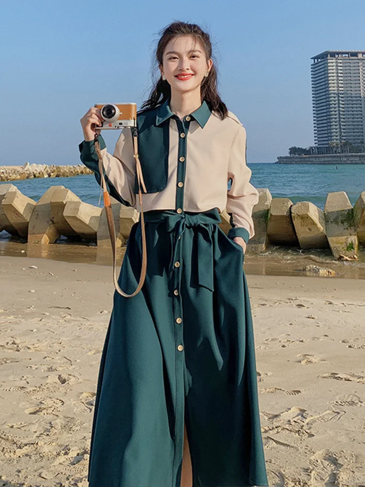 

Patchwork Single Breasted Turn-down Collar Full Sleeve Sashes Loose Long Dress Outfits For Women 2022 Summer G341
