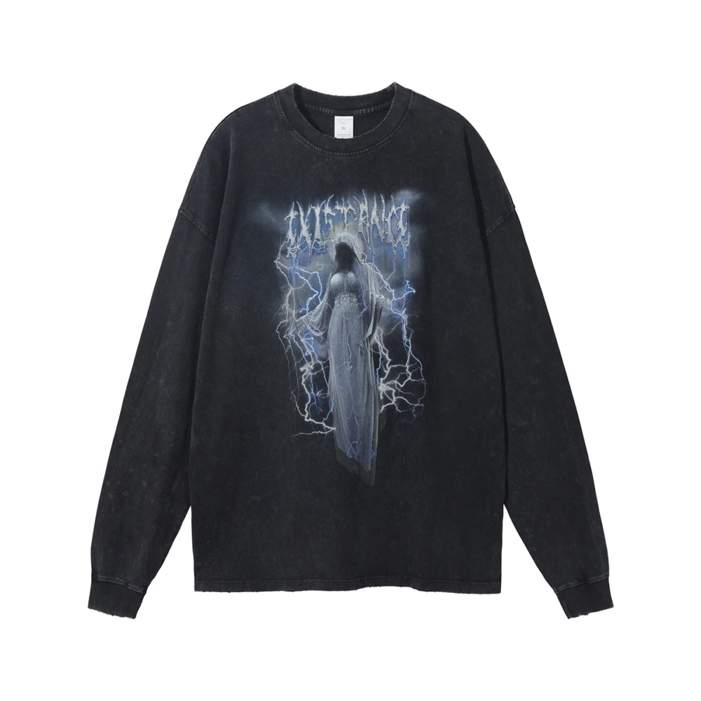 

Frayed Neck Lightning Evil Printed Oversized Men's T-shirts Washed Distressed Devil Aesthetic Goth Long Sleeve Tops Streetwear