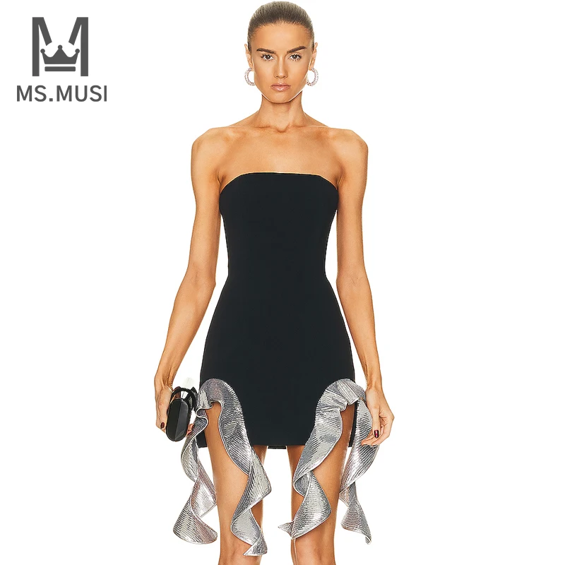 MSMUSI 2024 новое модное женское сексуальное мини-платье без бретелек с блестками и