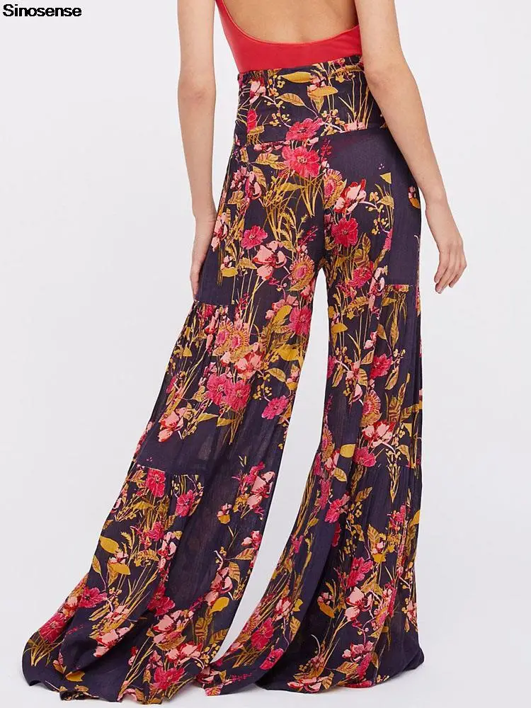 

Women's Ruffle High Waist Wide Leg Palazzo Lounge Pants Casual Floral Print Belted Spring Summer Beach Boho Maxi Long Trousers