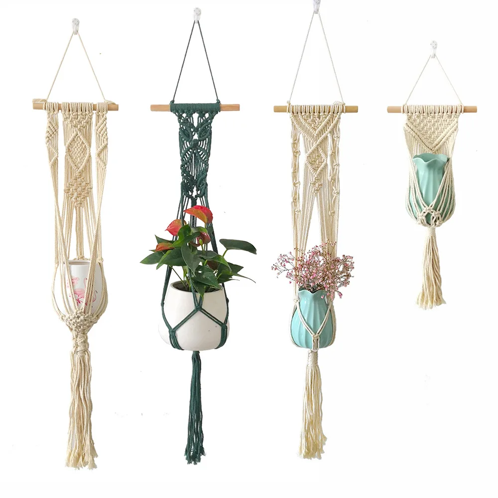 

Nordic Style Hand Woven Tapestry Cotton Rope Hanging Basket Decoration Potted Plant Net Pocket Tassel Decoration Wall Hanging