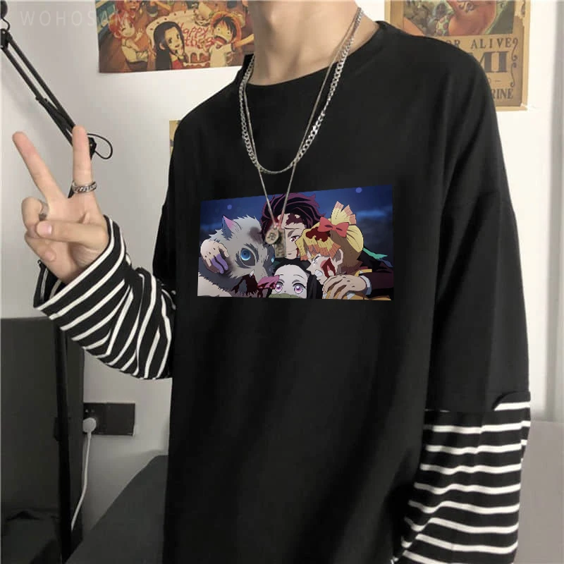 

Anime Demon Slayer Demon Killing Corps Long Sleeve T Shirt Fashion Manga Fashion Summer Casual Fake Two Pieces Stripes T-Shirt