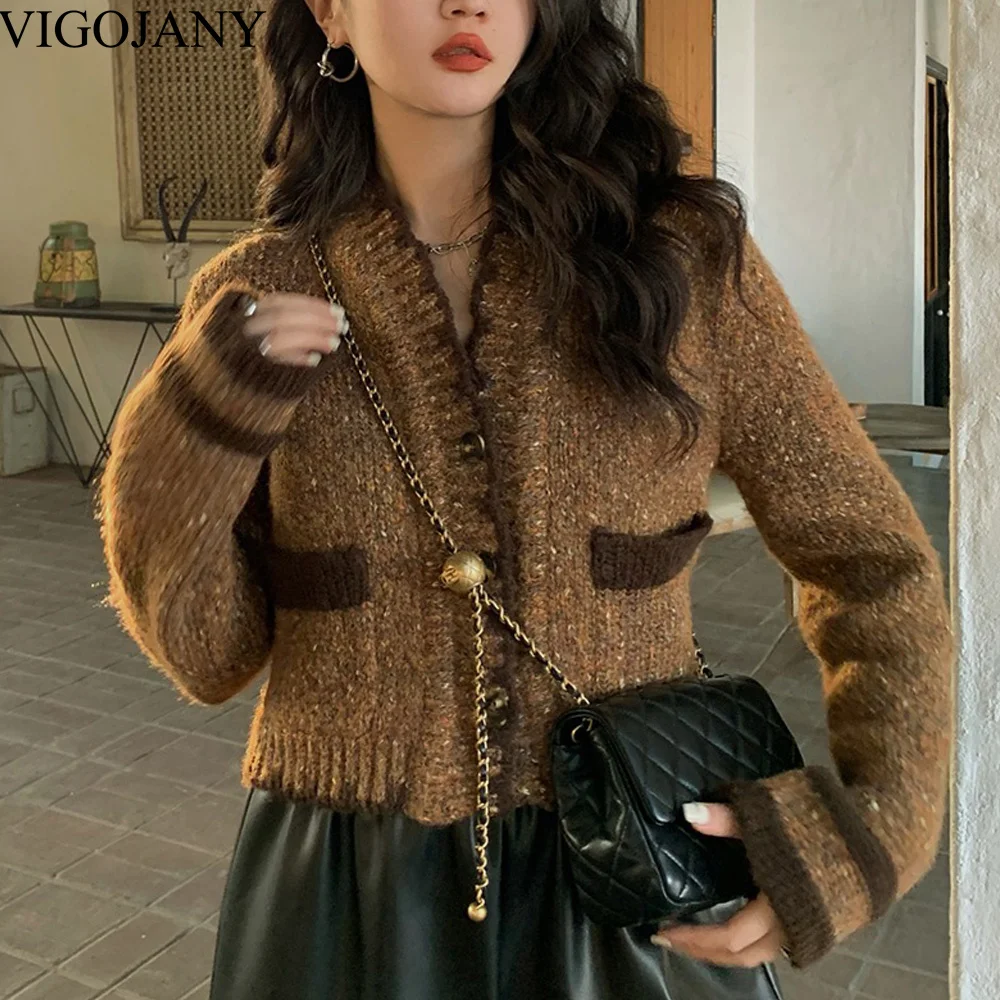 

Vigojany 2022 Autumn Winter Solid V Neck Female Sweater Korean Vintage Patchwork Cardigan Loose Knitted Short Top Women Sweater