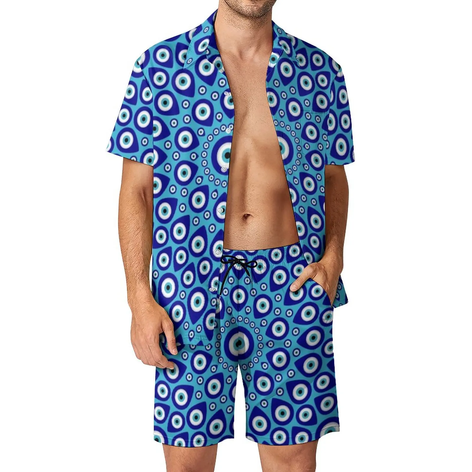 

Nazar Evil Eye Men Sets Greek Mati Fashion Casual Shirt Set Short-Sleeved Shorts Summer Vacation Suit Plus Size