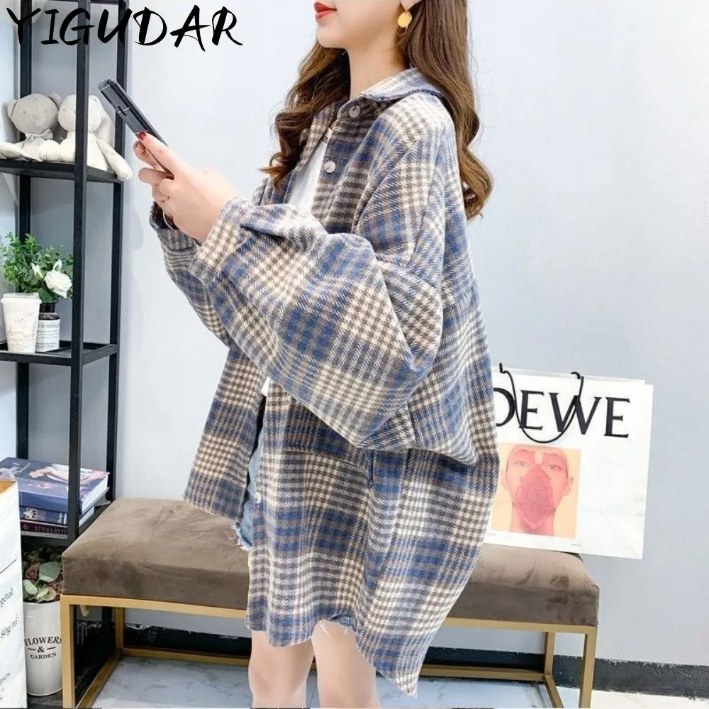 

Spring Autumn New Vintage Loose Casual Plaid Shirt Women Long Sleeve Fashion Lady Tops All Match Blouse Coat Female retroblouse