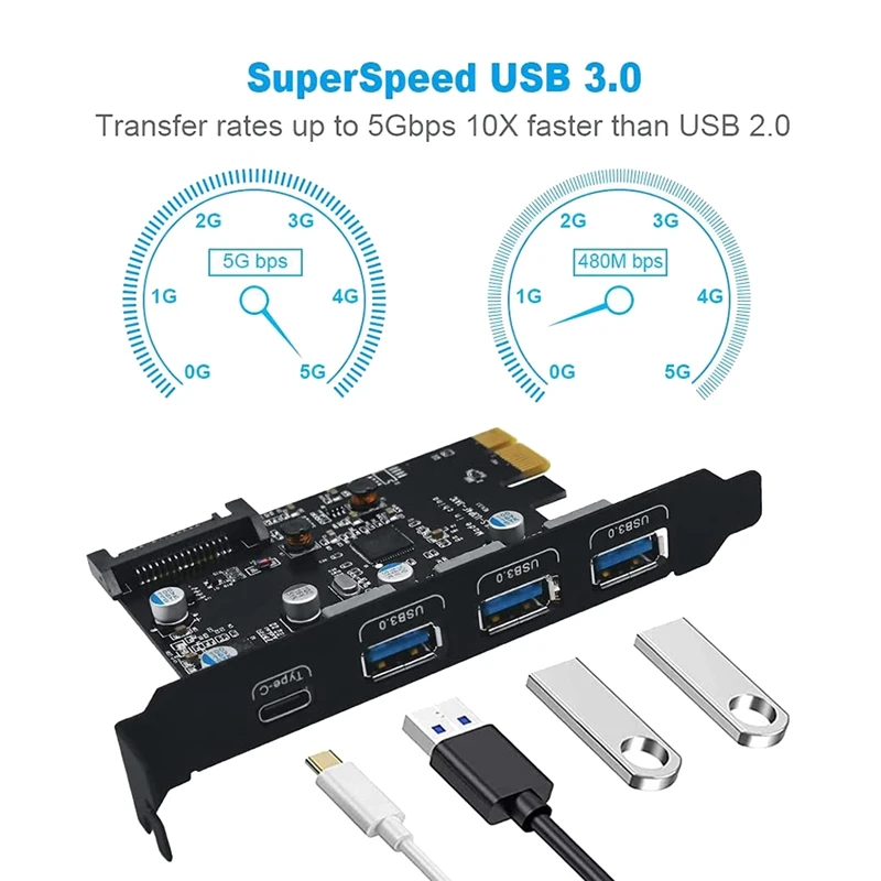 Новая карта расширения 3A1C PCI-E к USB 3 0 с 4 портами (1XUSB-C-3XUSB-A) и 15-контактным разъемом