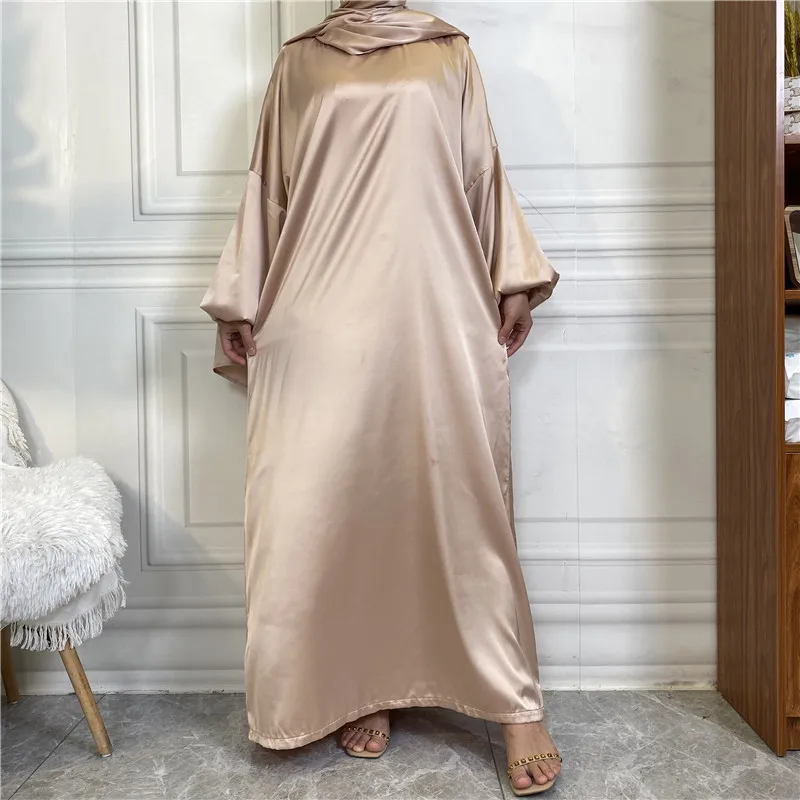Muslim Dress Women Sleek Minimalist Solid Satin Dress with Bandana with Side Pockets Abayas for Women Dubai 2022 Baratas Islam