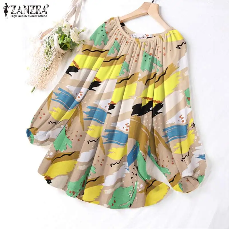 

Women Vintage Baggy Blouse ZANZEA Fashion Printed Shirt Lady Casual O Neck Tops Tunic Oversized Spring Autumn Long Sleeve Blusas