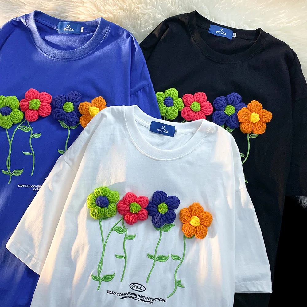 

Футболка женская хлопковая с круглым вырезом, свободная рубашка с коротким рукавом, в японском стиле с 3D цветами, белый Повседневный шикарн...