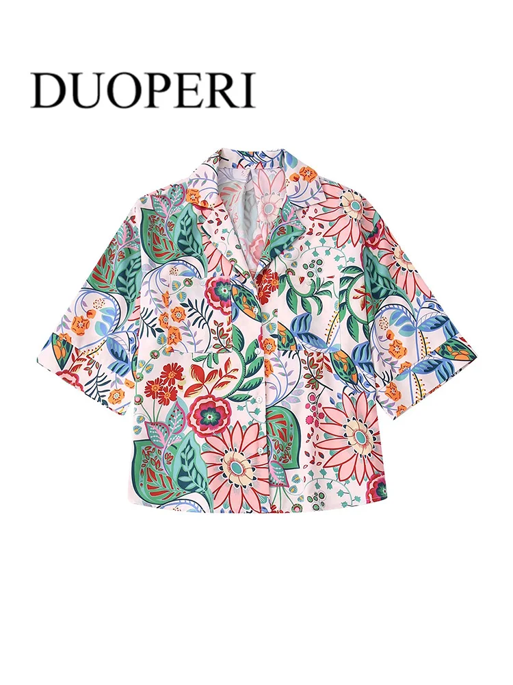 

Блузка DUOPERI женская оверсайз с цветочным принтом, модная винтажная рубашка с коротким рукавом, на пуговицах, наряд, шикарный топ