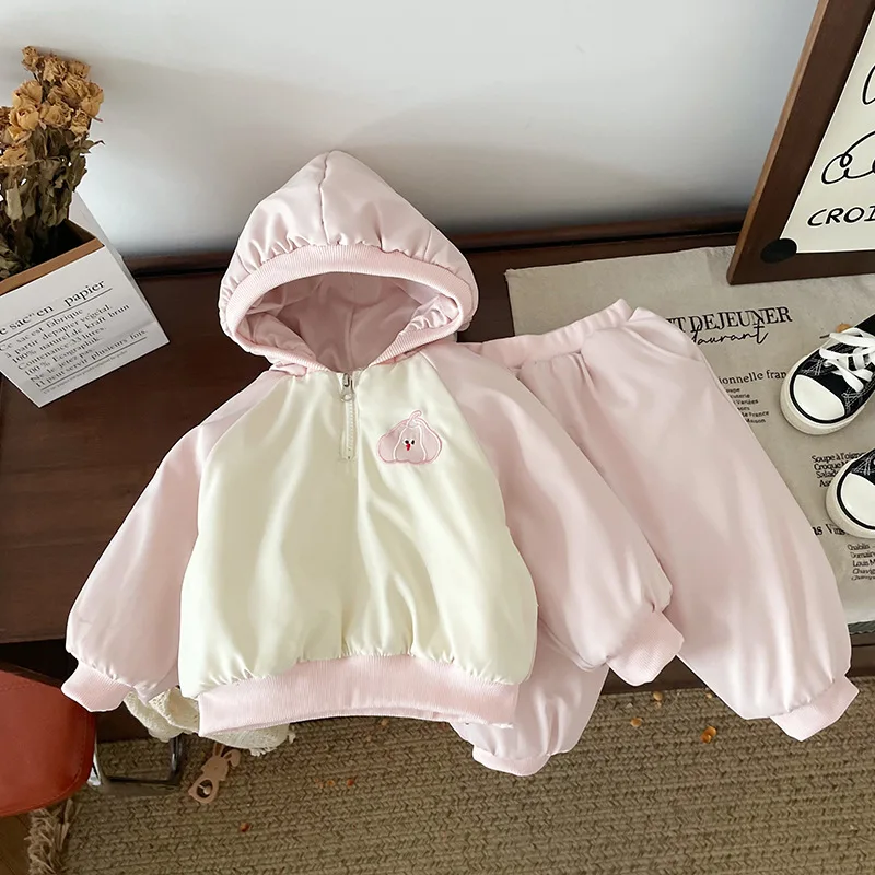 Детский утепленный флисовый комплект для девочек теплый пуловер с капюшоном и