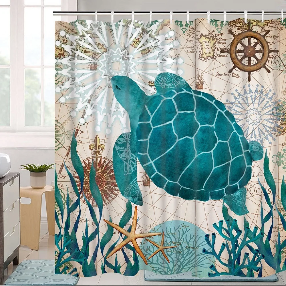 

Sea Turtle Ocean Creature Shower Curtains Teal Nautical Green Sea Turtles Beach Theme Fabric Bath Curtains Bathroom with Hooks
